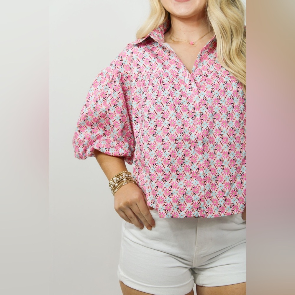 Garden Grounds Puff Sleeve Button Down Collared Neck Floral Top Spring Blouse✨